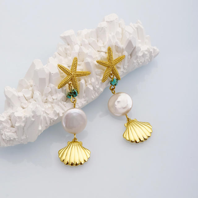 18K gold plated baroque pearl starfish holiday earrings