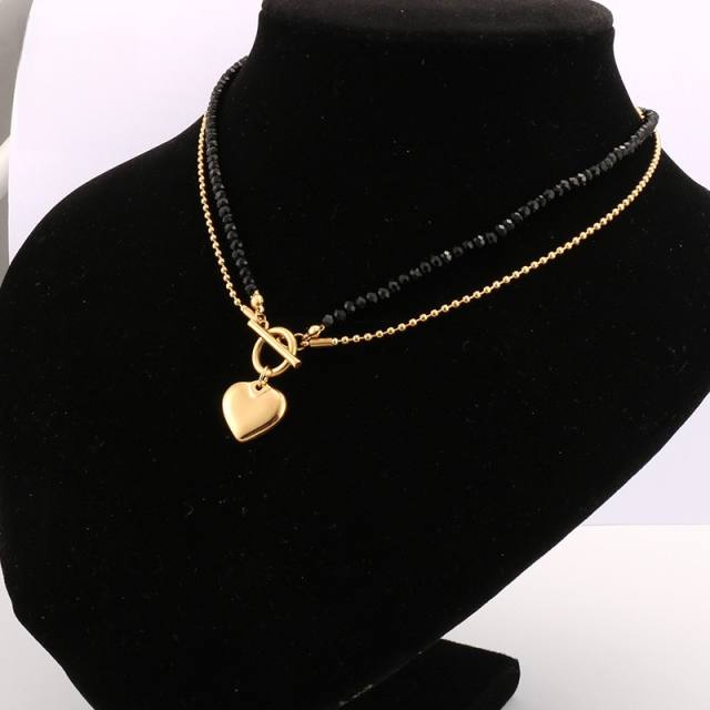 Creative black crystal bead two layer heart charm stainless steel necklace