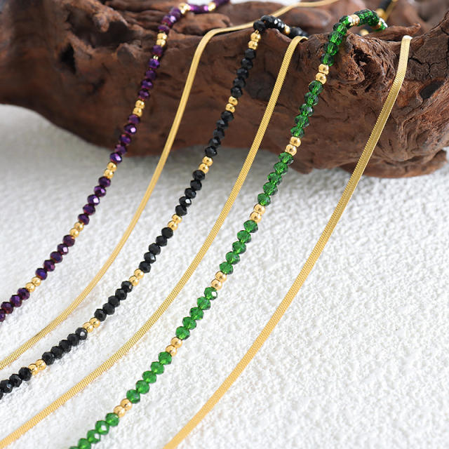 Summer colorful bead two layer stainless steel snake chain necklace
