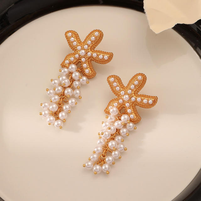 Holiday trend pearl bead starfish tassel copper earrings