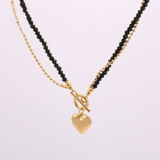Creative black crystal bead two layer heart charm stainless steel necklace