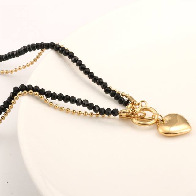 Creative black crystal bead two layer heart charm stainless steel necklace