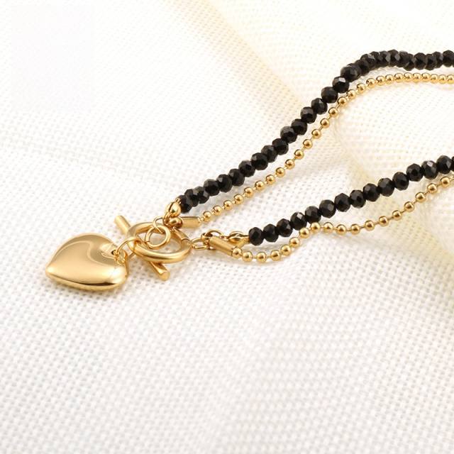 Creative black crystal bead two layer heart charm stainless steel necklace