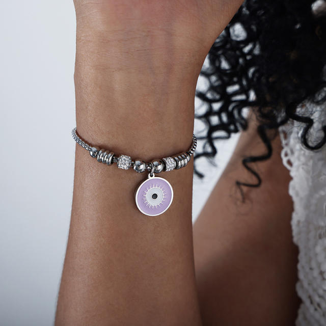Color  evil eye charm diamond bead slide stainless steel bracelet