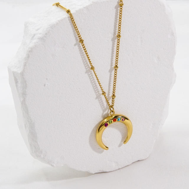 Dainty rainbow cz moon pendant stainless steel necklace