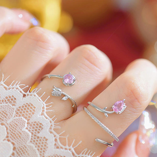 Korean fashion elegant pink crystal cubic zircon flower finger rings