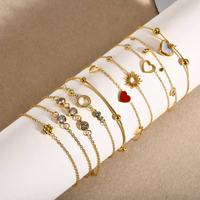 18K gold plated diamond heart dainty stainless steel bracelet
