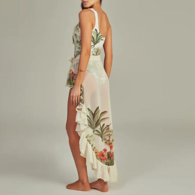 One shoulder Tropical jungle pattern swimsuit set
