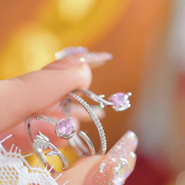 Korean fashion elegant pink crystal cubic zircon flower finger rings