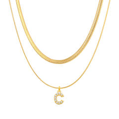 INS diamond initial letter herringbone chain stainless steel necklace