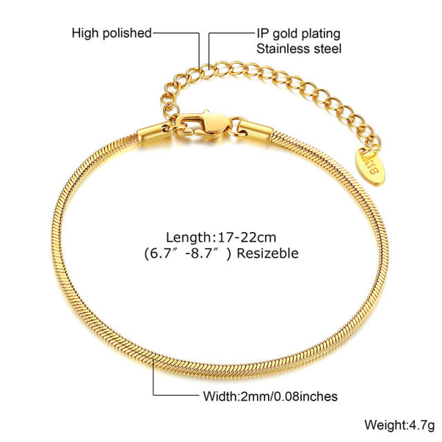 18K gold plated classic herringbone chain stainless steel bracelet