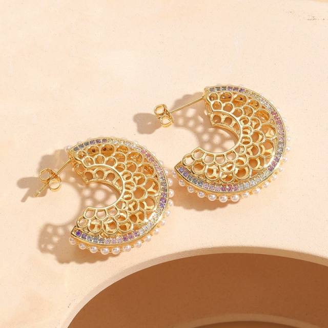 14K gold plated pearl cubic zircon setting copper earrings