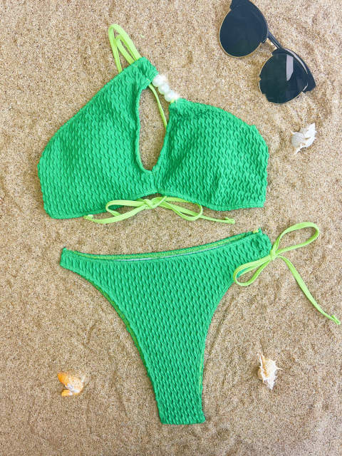 Sexy green color strappy bikini swimsuit