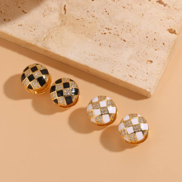 Classic checkered ball copper enamel earrings