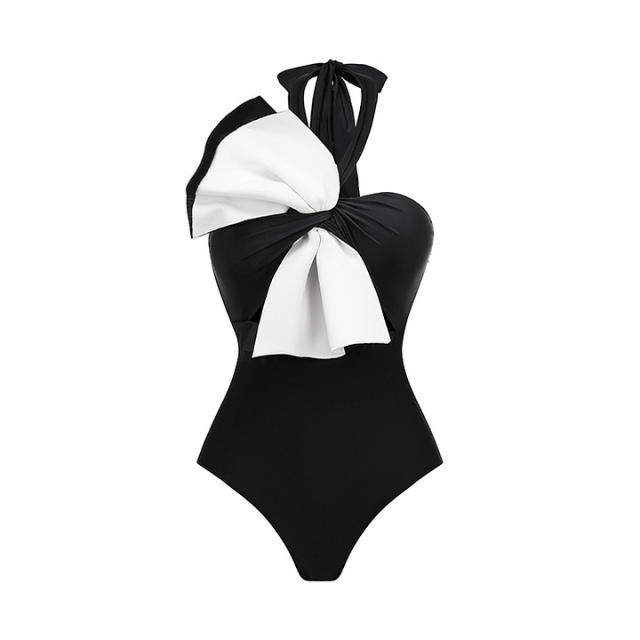 Holiday black white large bow one piece swimsuit