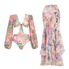 New arrival pink color floral pattern ruffles swimsuit set