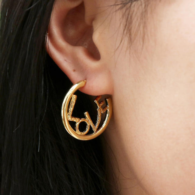 LOVE letter real gold plated copper open hoop earrings