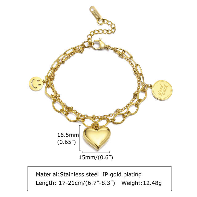 18K gold plated two layer heart charm stainless steel chain bracelet