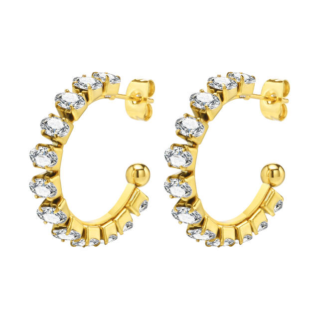 18K gold plated diamond open hoop stainless steel earrings