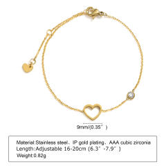 18K gold plated diamond heart dainty stainless steel bracelet