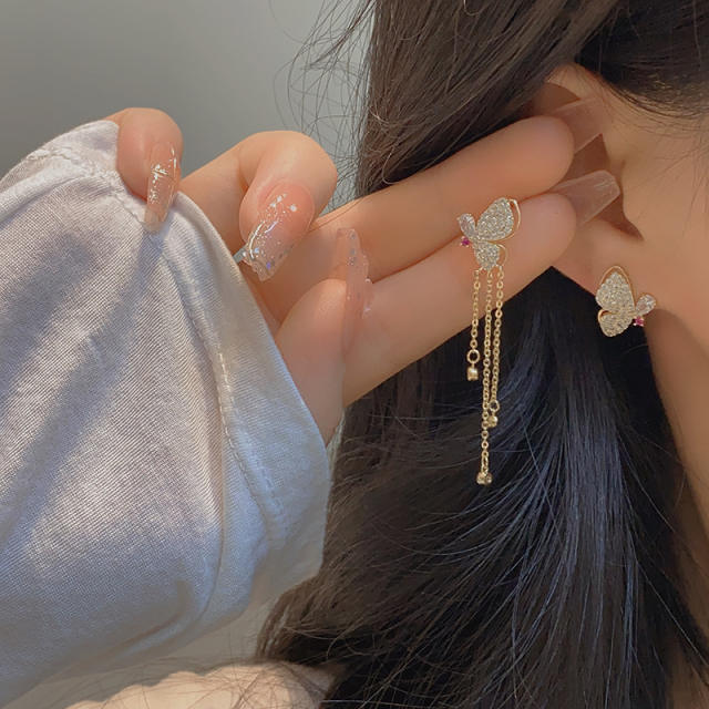 Elegant diamond butterfly chain tassel Asymmetric earrings