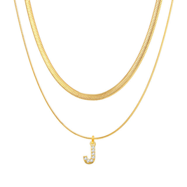 INS diamond initial letter herringbone chain stainless steel necklace