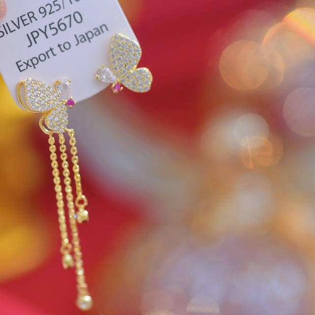 Elegant diamond butterfly chain tassel Asymmetric earrings