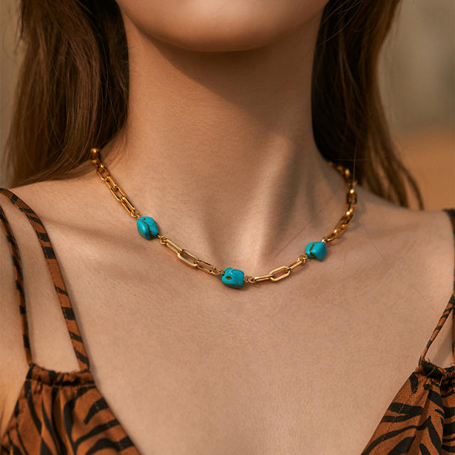 Handmade turquoise bead gold plated copper necklace