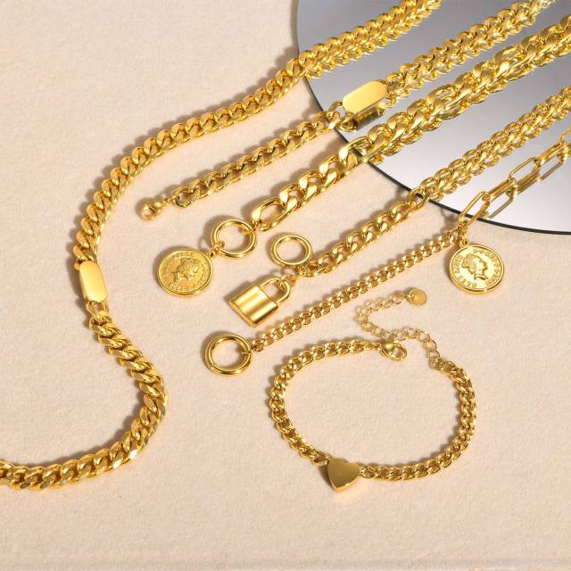 Chunky cuban link chain padlock heart stainless steel bracelet