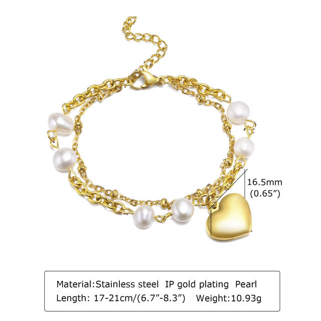 18K gold plated two layer heart charm stainless steel chain bracelet