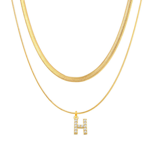 INS diamond initial letter herringbone chain stainless steel necklace