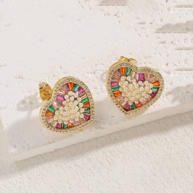 Delicate cubic zircon rainbow cz heart copper earrings