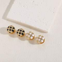 Classic checkered ball copper enamel earrings
