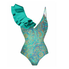 National trend green color ruffles one piece swimsuit set