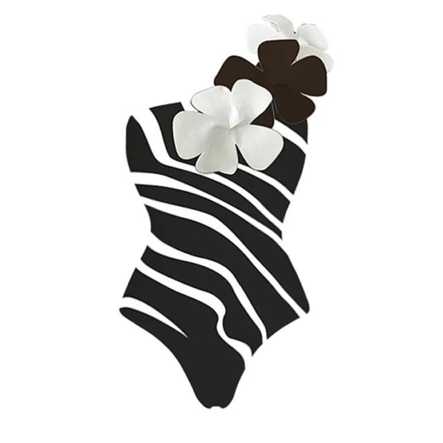Vintage black white color stereo flower one piece swimsuit set