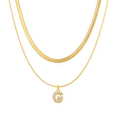 INS diamond initial letter herringbone chain stainless steel necklace