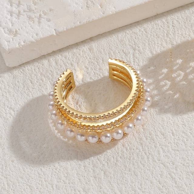 Hot sale horse eye cubic zircon pearl copper rings for women
