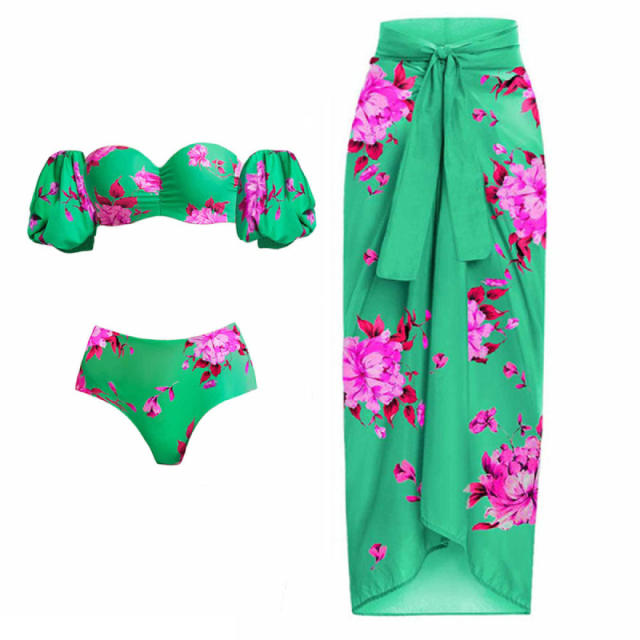 Sweet floral pattern off shoulder swimsuit set
