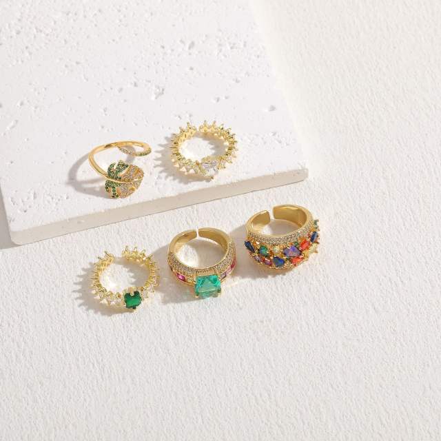 14K real gold plated rainbow cz statement copper rings