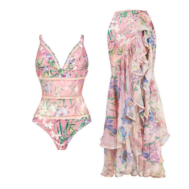 New arrival pink color floral pattern ruffles swimsuit set