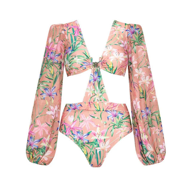 New arrival pink color floral pattern ruffles swimsuit set
