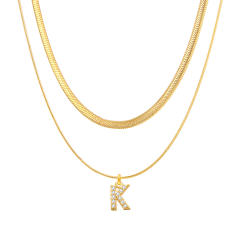 INS diamond initial letter herringbone chain stainless steel necklace