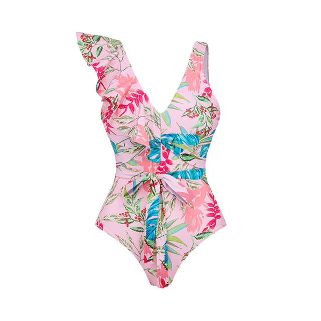 Deep V neck sweet floral pattern ruffles swimsuit set