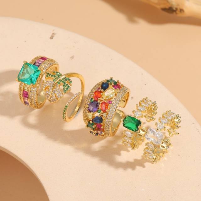 14K real gold plated rainbow cz statement copper rings