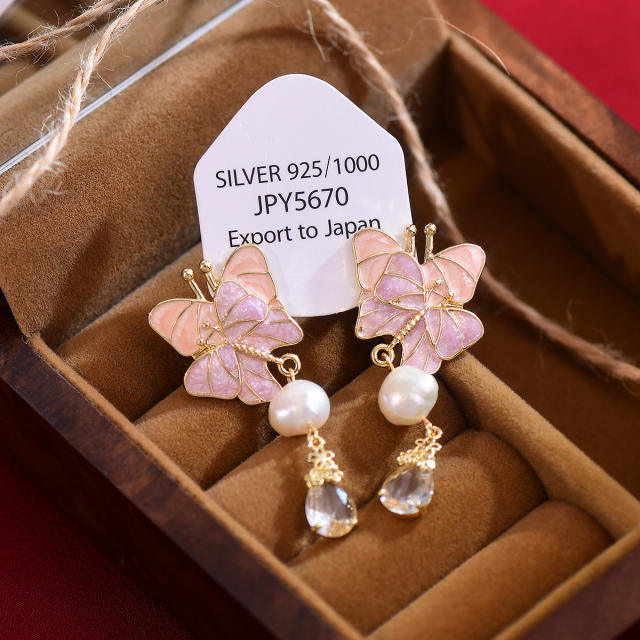 Sweet pink color enamel butterful pearl drop women earrings clip on earrings