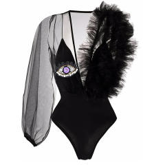Sexy long sleeve mesh material deep v neck bodysuit