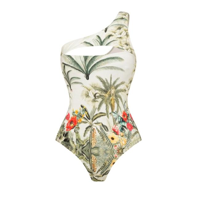 One shoulder Tropical jungle pattern swimsuit set