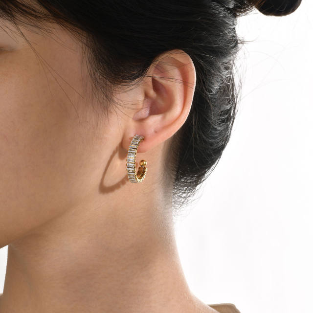 18K gold plated diamond open hoop stainless steel earrings