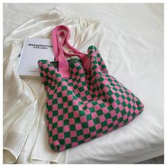 Vintage knitted checkered pattern large storage tote bag