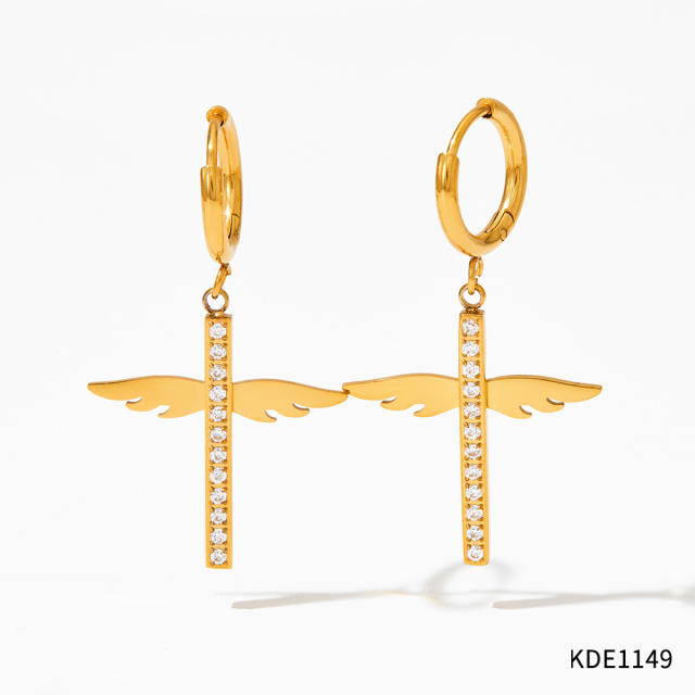 Personality diamond cross angel wing stainless steel earrings